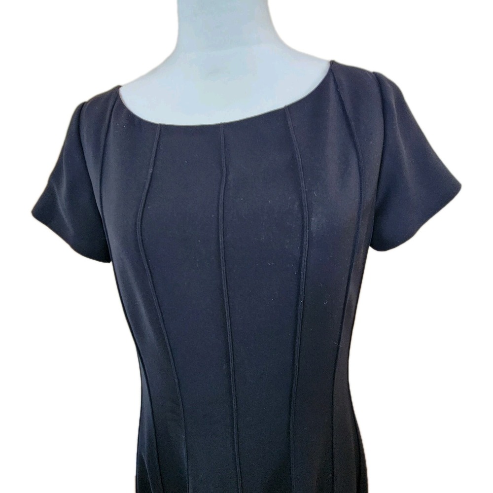 Vtg Anne Klein Black Midi Sheath Dress Womens Size 8 Lined Cap Sleeve Modest